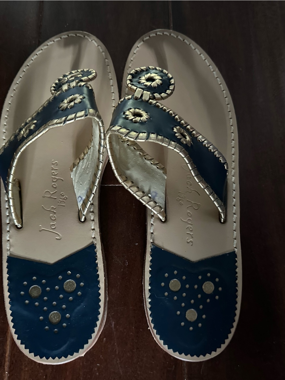 Jack Rogers Navy and Gold Jute-Trim Thong Sandals - Picture 2 of 4